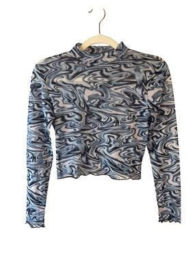 Women’s Blue Marble Mesh Long-Sleeve Crop Top Sheer Size XS or S Y2K Festival